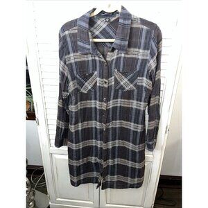 ISDA & Co Brown and Navy plaid Button Down Tunic Shirt Sz Large